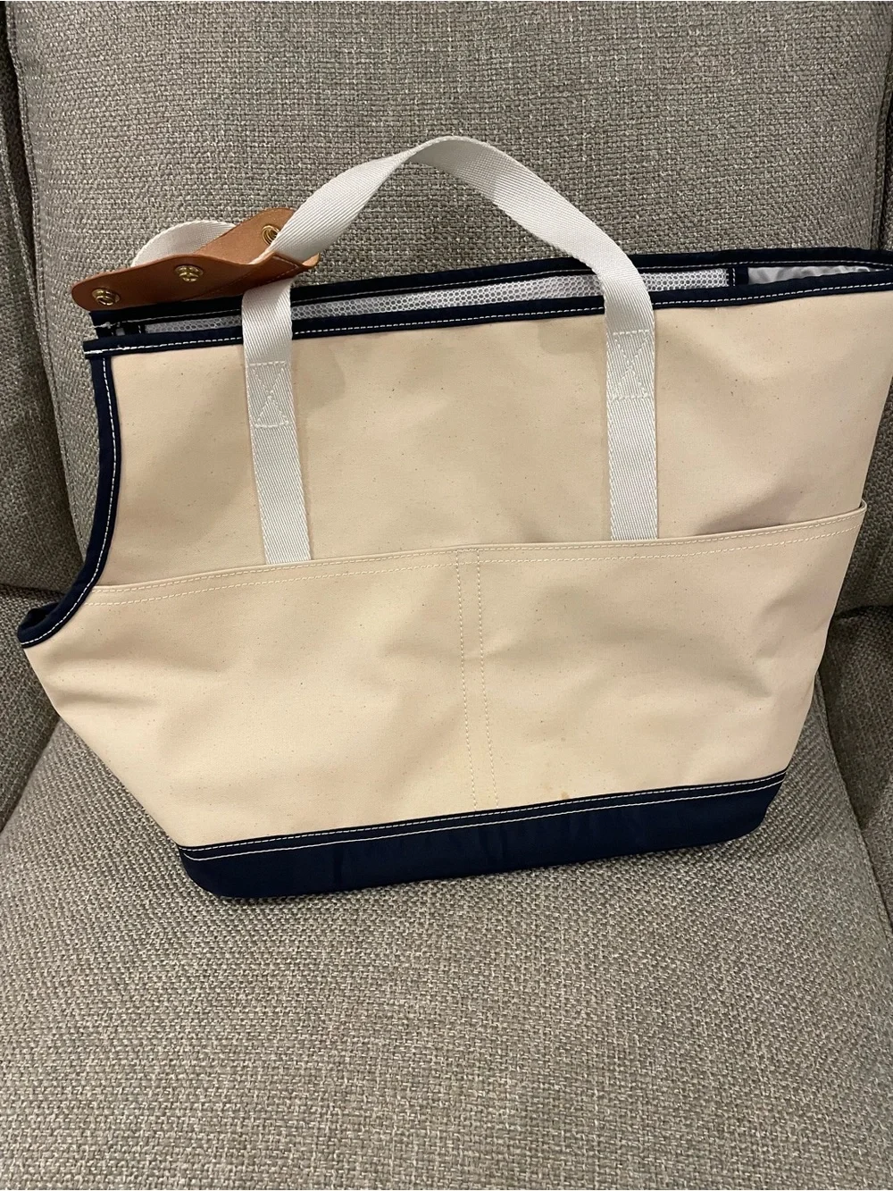 Seaside Canvas Tote in Cream and Navy with Tan Accent